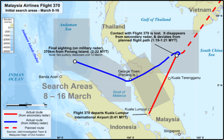 Map of southeast Asia with flight path and planned flight path of Flight 370 in the foreground. The search areas are depicted in a transparent grey color. Search areas include the South China Sea and Gulf of Thailand near the location where Flight 370 disappeared from secondary radar, a rectangular area over the Malay Peninsula, and a region that covers roughly half of the Strait of Malacca and Andaman Sea.