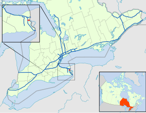 A map of the southern portion of the Canadian province of Ontario and environs, with the 400-series highway network superimposed. An inset of the Niagara Peninsula shows the location of Highway 420.