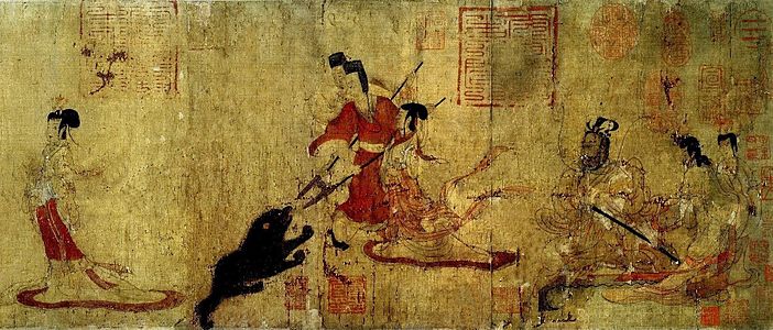 Bear attacking a woman, protected by two men with spears, with a woman walking away to their left, and a man and two women sitting together to their right