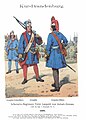 Elector Frederic William of Brandenburg gave his soldiers blue uniforms (engraving from 1698). When Brandenburg became the Kingdom of Prussia in 1701, blue became the uniform colour of the Prussian Army.