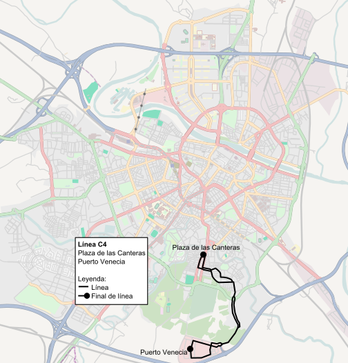 Recorrido de la línea C4 de TUZSA en la ciudad de Zaragoza.