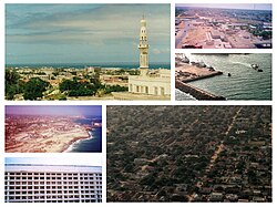 Clockwise, from top left: the Mosque of Islamic Solidarity, an aerial view of the city, the Port of Mogadishu, a US helicopter flying over the city during Operation Restore Hope, a building of the Somali National University, and the Mogadishu coastline