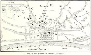 Map of the battlefield, including troop positions. The Union lines form a ring around the city of Helena, with their backs to the Mississippi River. Confederate troops attack from multiple angles.