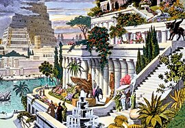 The Hanging Gardens of Babylon with the Tower of Babel in the background, A 16th century hand-colored engraving by Martin Heemskerck.