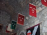 From left to right: Flag of Algerian pirates; Flag given to Osman I by the Seljuk sultan Mesud II (1289); Ottoman naval flag (16th c.); Ottoman army flag (16th c.); Ottoman army flag (17th c.)