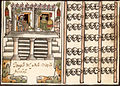 A tzompantli depicted to the right of the Aztec temple dedicated to Huitzilopochtli in Tenochtitlan; from 1587 manuscript, the Codex Tovar.