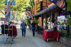 The Alameda's tree-lined shopping street.