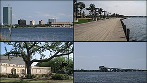 Clockwise from left: Downtown Lake Charles; Lakefront Promenade; I-210 Bridge over the Calcasieu River; McNeese State University entrance plaza.