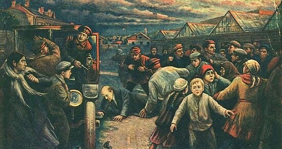 Artist Vladimir Pchelin's depiction of the 30 August 1918 assassination attempt on Vladimir Lenin by Fanya Kaplan.[i]