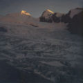 Castor (left) and Pollux (right) above the Zwillingsgletscher (English: Twin Glacier) in the back and the lower Grenzgletscher (English: Border Glacier) in front