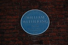 Plaque reads 'William Withering M.D., F.R.S. 1741-1799 Physician and Botanist lived here' and 'Birmingham Civic Society 1988'