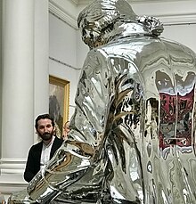 Justin Paton with Michael Parekowhai’s sculpture 'The English Channel' at the Art Gallery of New South Wales, 2018