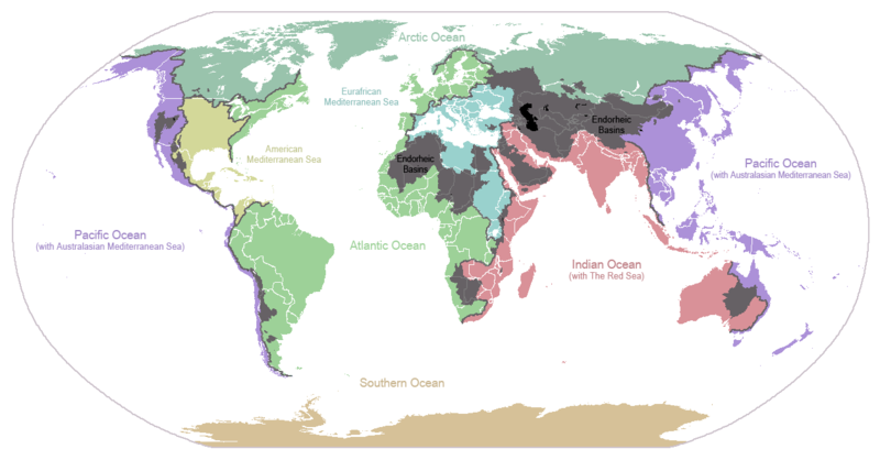 Major continental divides, showing drainage into the major oceans and seas of the world. Grey areas are endorheic basins that do not drain to the ocean.