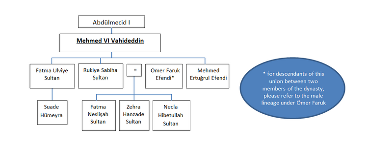 Family tree of the branch of the Ottoman Dynasty descending from Mehmed IV Vahiddeddin