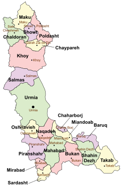 Location of Khoy County in West Azerbaijan province (top center, pink)