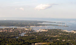 Aerial view of Annapolis, Maryland, Chesapeake Bay, and Chesapeake Bay Bridge