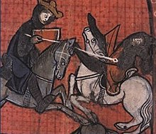 A crowned man battling another man, both on horses