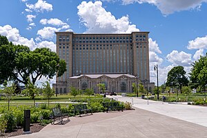 Exterior view of Michigan Central Station in 2024