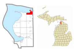 Location within Emmet County (red) and an administered portion of the village of Mackinaw City (pink)