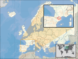 Location of Andorra (circled in inset) in Europe (white)  –  [Legend]