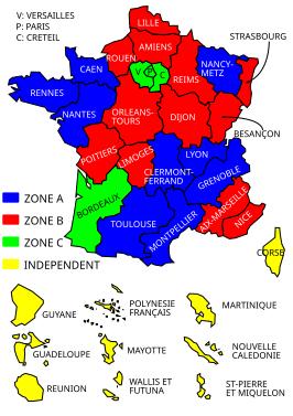 The different Académies and school zones in France