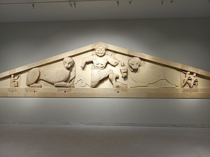 Ancient Greek west pediment of the Temple of Artemis in Corfu, c.580 BC, probably limestone, Archaeological Museum of Corfu, Kerkyra, Greece