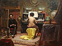 Painting depicting an interior with a nude female model sitting at a spinet piano while an artist works at his easel on the left side of the canvas