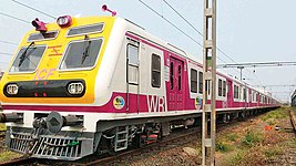 A recently introduced Medha EMU, with exactly the same design as Bombardier rakes. Note the "Make in India" patch on the train exterior.