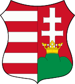 alt=A shield divided vertically down the middle. On the left, eight stripes alternating red and white, the top and bottom being half the height of the middle siy. On the right, on a red background a simplified graphic of the Crown of Hungary, with apostilistic cross of white, yellow crown below, resting on a cushion of green.