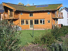 Green roof with solar panels, Findhorn, Scotland