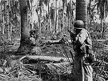 Two soldiers hiding behind trees while moving through a thick groove of jungle