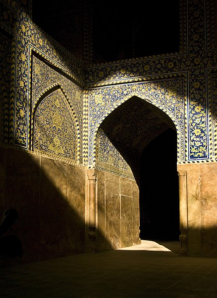 Iran: The Shah Mosque (Persian: مسجد شاه), also known as Imam Mosque (Persian: مسجد امام), renamed after the 1979 Iranian Revolution, and Jaame' Abbasi Mosque, is a mosque in Isfahan, standing in south side of Naghsh-e Jahan Square. Built during the Safavid period, ordered by the first Shah Abbas of Persia. It is registered, along with the Naghsh-e Jahan Square, as a UNESCO World Heritage Site. Its construction began in 1611, and its splendor is mainly due to the beauty of its seven-colour mosaic tiles and calligraphic inscriptions. The mosque is depicted on the reverse of the Iranian 20,000 rial banknote.