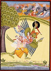 Vishnu and Laksmi riding on a giant winged creature, the Garuda