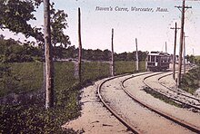 A streetcar on a two-track line on private right-of-way