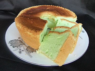 Pandan cake flavoured with pandan leaf extract