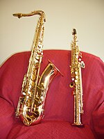 Tenor (left) and soprano saxophones, showing their comparative sizes