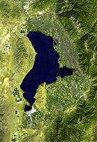 Satellite view of Goshen Valley, Utah Lake, and Utah Valley region (Oquirrh Mountains-photo northwest)