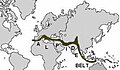 Tectonic map of Alpine structures in the Middle East and southern Europe, which form the western part of the Alpide belt.