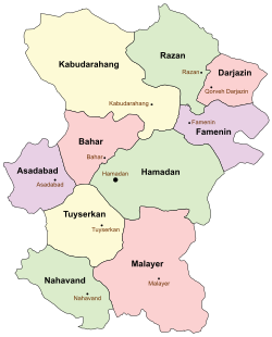 Location of Malayer County in Hamadan province (bottom, pink)