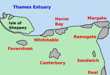 A map of north-east Kent, with urban areas shaded in grey. Labels mark the locations of the Thames Estuary, the Isle of Sheppey, Whitstable, Herne Bay, Margate, Ramsgate, Sandwich, Deal, Faversham and Canterbury.