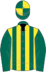 Dark green and yellow stripes, dark green sleeves, quartered cap