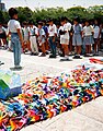 Japanese schoolchildren dedicating a collection of cranes in Hiroshima Peace Park