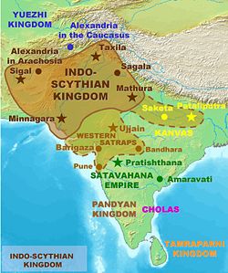 Territories (full line) and expansion (dotted line) of the Indo-Scythians Kingdom at its greatest extent.