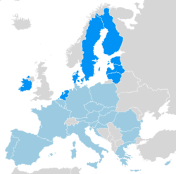 Map of Europe with the members of the New Hanseatic League in blue