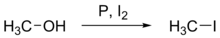 Chemical reaction of methanol to methyl iodide in the presence of red phosphorus and iodine