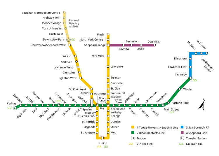 A map of the Toronto Subway/RT network.