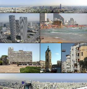 From upper left: Panorama of North-Eastern Tel Aviv from Azrieli Center, the Azrieli Center, Gordon Beach, Tel Aviv City Hall, Jaffa Clock Tower, White City and Panorama of South-Western Tel Aviv from Azrieli Center