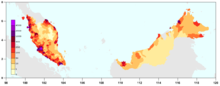 A map of Malaysia depicting the expected 2010 estimated population density.