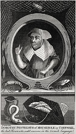 A black and white engraving of a woman in 18th century clothing with a bonnet. Fish, a crab, a crustacean and a jug are below