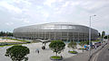 The exterior of the Groupama Arena at the corner of Üllői út and Könyves Kálmán körút